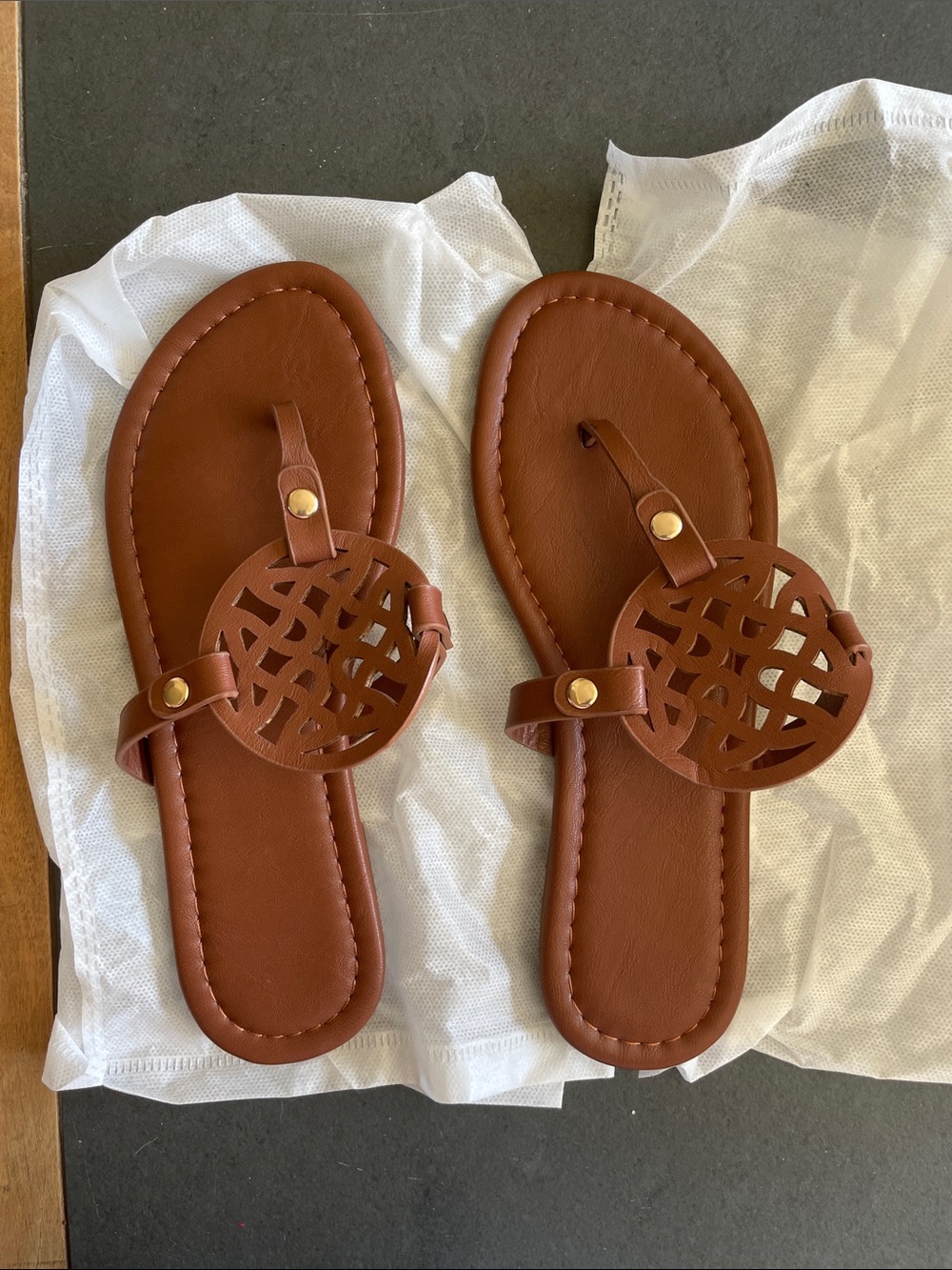 Women's Brown Leather-Style Cutout Slide Sandals